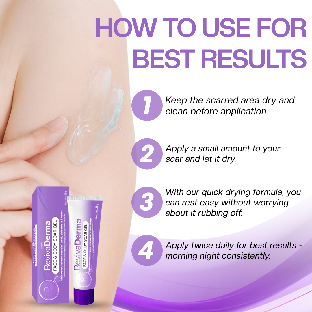 Timilk® RevivaDerma Face & Body Scar Gel - Clinically proven to soften, flatten and fade surgical scars, acne marks, burns, keloids and trauma-related scars