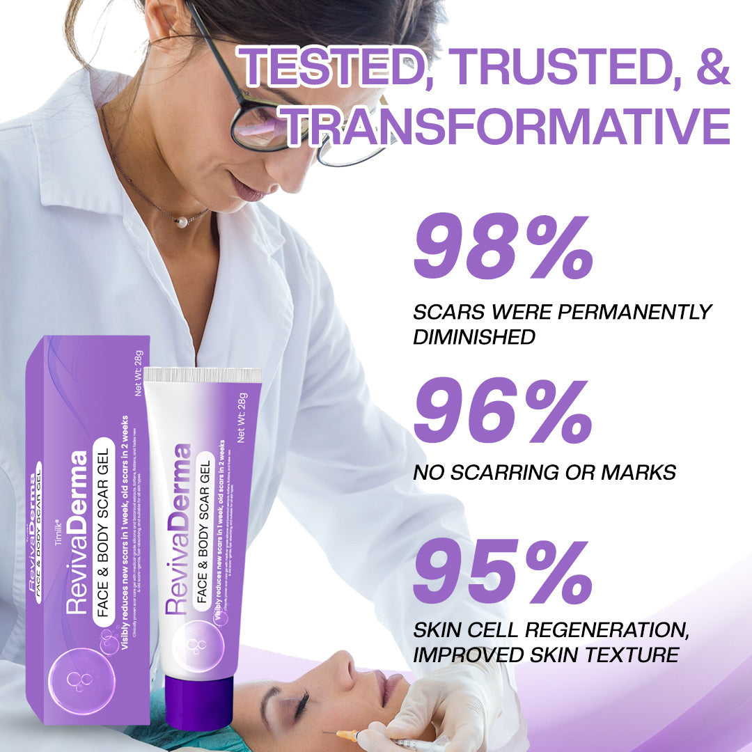 Timilk® RevivaDerma Face & Body Scar Gel - Clinically proven to soften, flatten and fade surgical scars, acne marks, burns, keloids and trauma-related scars