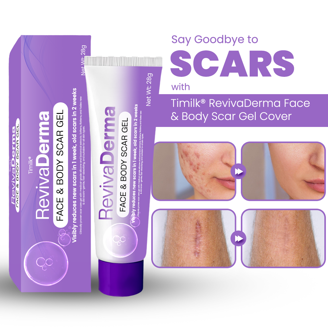 Timilk® RevivaDerma Face & Body Scar Gel - Clinically proven to soften, flatten and fade surgical scars, acne marks, burns, keloids and trauma-related scars